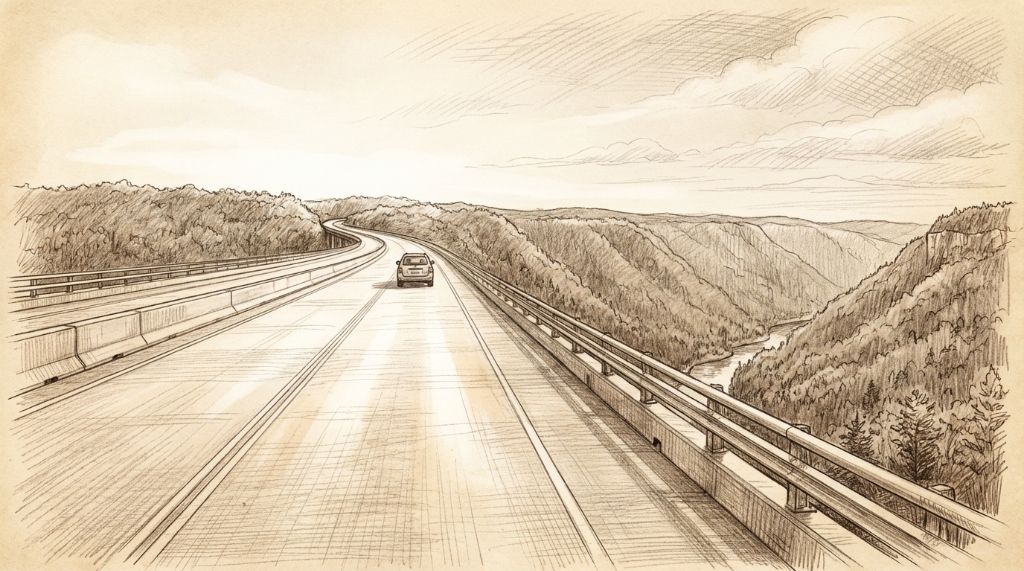The New River Gorge Bridge on US Route 19, heading south toward Fayetteville where it all started