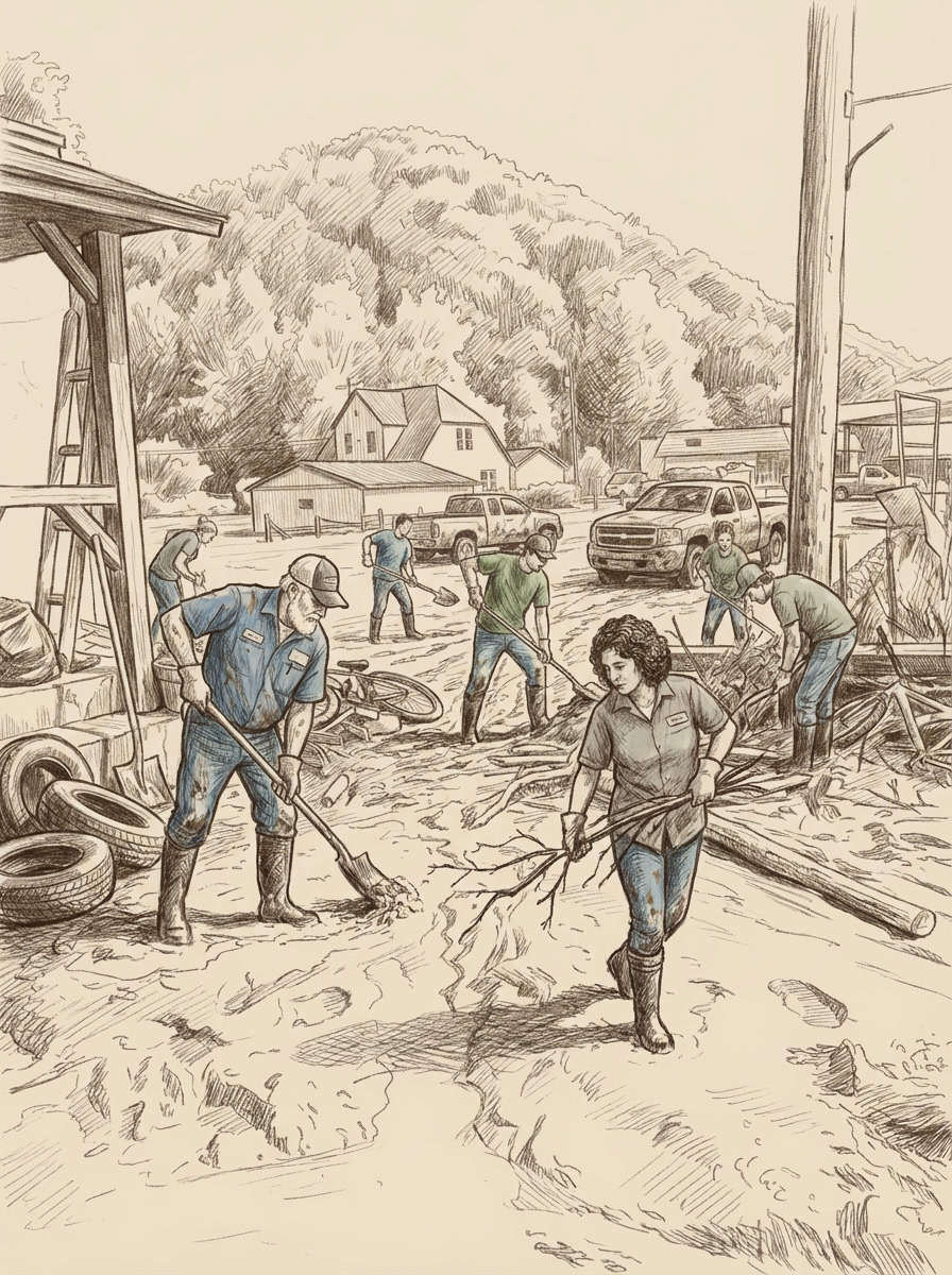 Pencil sketch showing the lot covered in debris after the flood waters receded