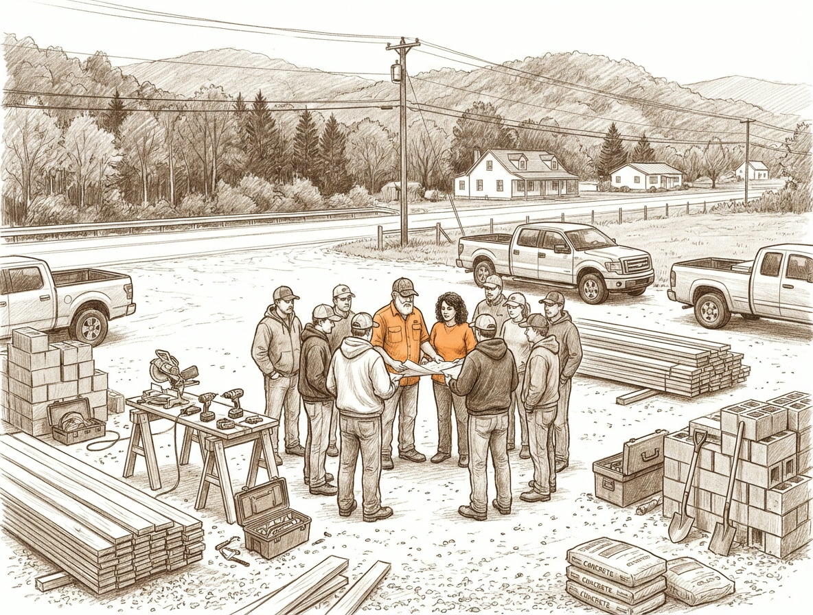 Pencil sketch showing church community members helping to rebuild after the flood - look for Kim and Bryan in the scene