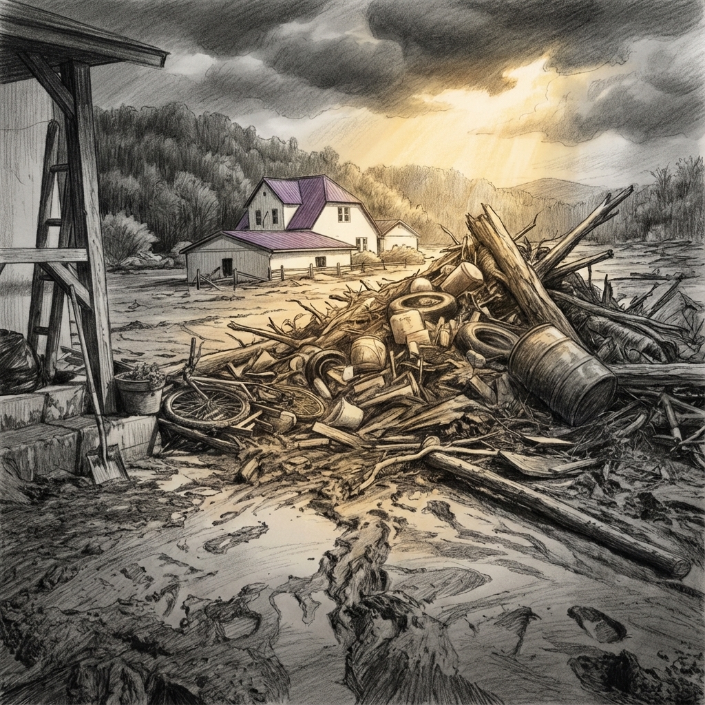 Pencil sketch depicting the June 2016 flood waters devastating the shop