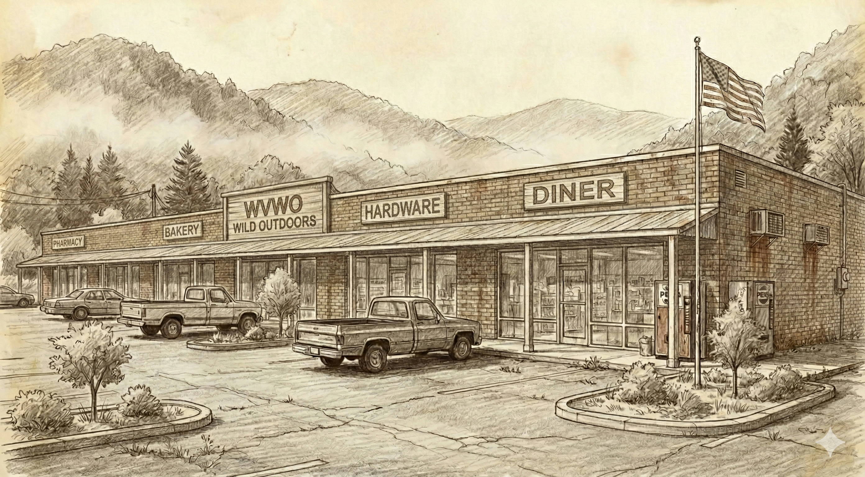Pencil sketch of the 1950s strip mall where WV Wild Outdoors started in 2008